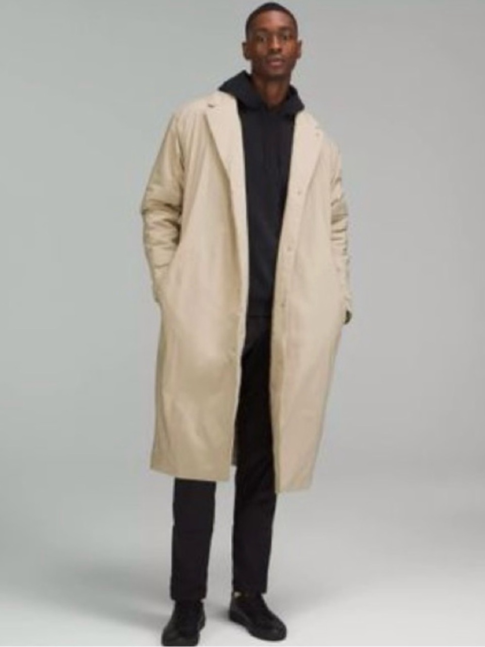 Lululemon Men's Long Beige Trench Coat - Minimal Modern Overcoat